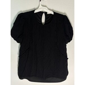 Live To Be Spoiled Black Swiss Dot Ruffle Short Sleeve Blouse Large Keyhole Back